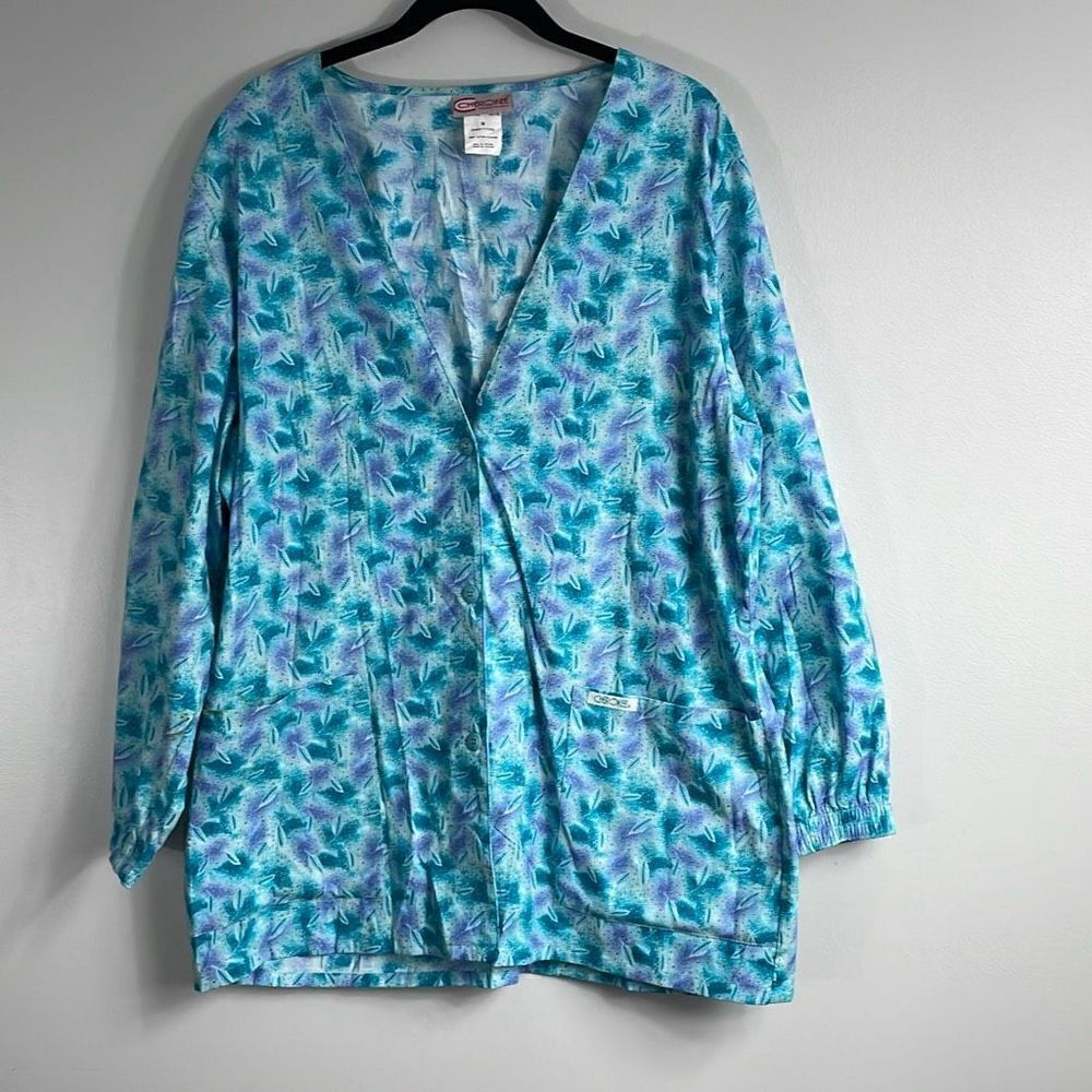 Cherokee cotton print two pocket button front cinch tie back scrub jacket coat M